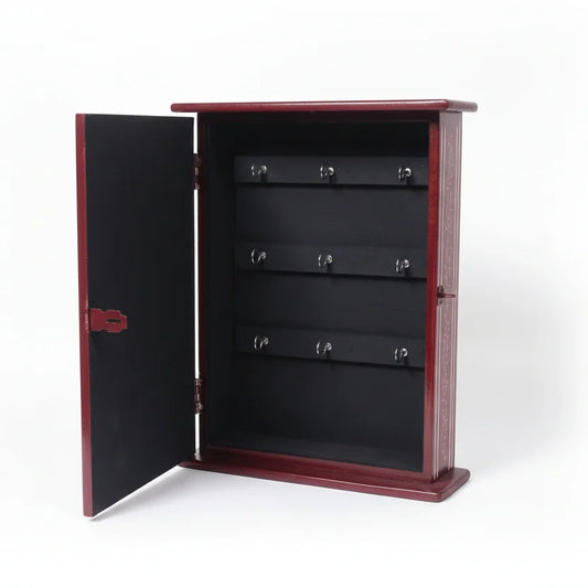 Open view of handcrafted Rajasthani wooden key holder box interior, revealing 9 sturdy hooks ready for house, car, and bike keys with vibrant hand-painted lining.