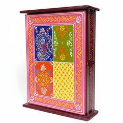 Side view of Rajasthani wooden key organizer box showing embossed painting and sturdy hanging design.