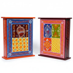 Wall-mounted wooden key holder box with traditional Jaipur hand painting, 22x27cm size.