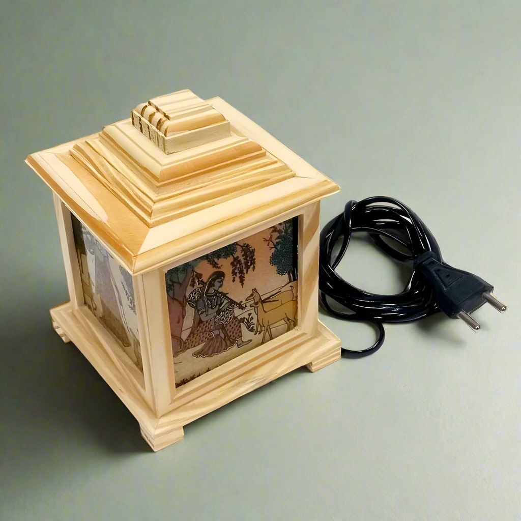 Unique gemstone wooden lamp with intricate hand painting, combining rustic charm with luxurious visual appeal.