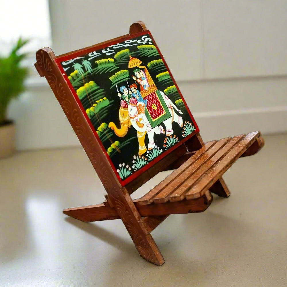 A solid wood tablet stand, ideal for holding an iPad or Kindle on a desk.