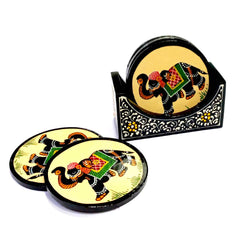 A wooden tea coaster set with a holder, with a very beautiful color combination.