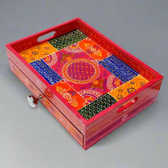 Multifunctional hand-painted wooden tray with drawer compartment, perfect for organizing kitchen or café essentials.