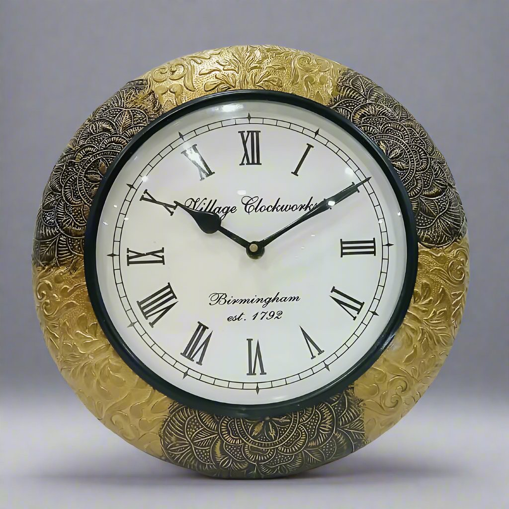 Wooden vintage wall clock with golden oxidized finish for home decor.