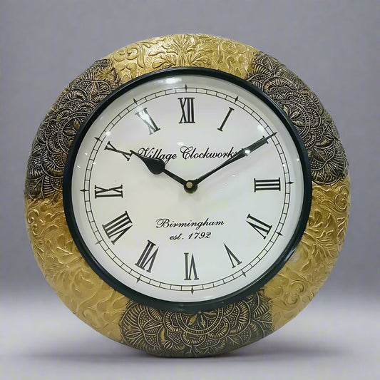 Wooden vintage wall clock with golden oxidized finish for home decor.