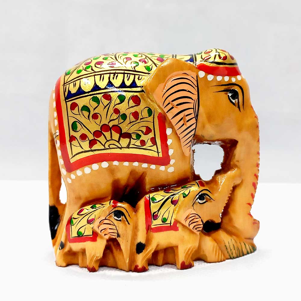 A 10cm wooden elephant sculpture, handcrafted and decorated with beautiful painting.