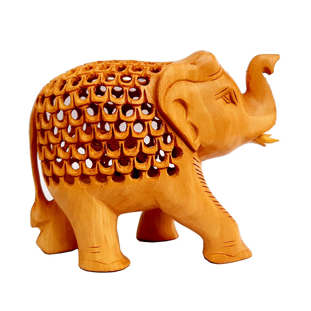 Lattice & High Trunk Wooden Elephant Idol