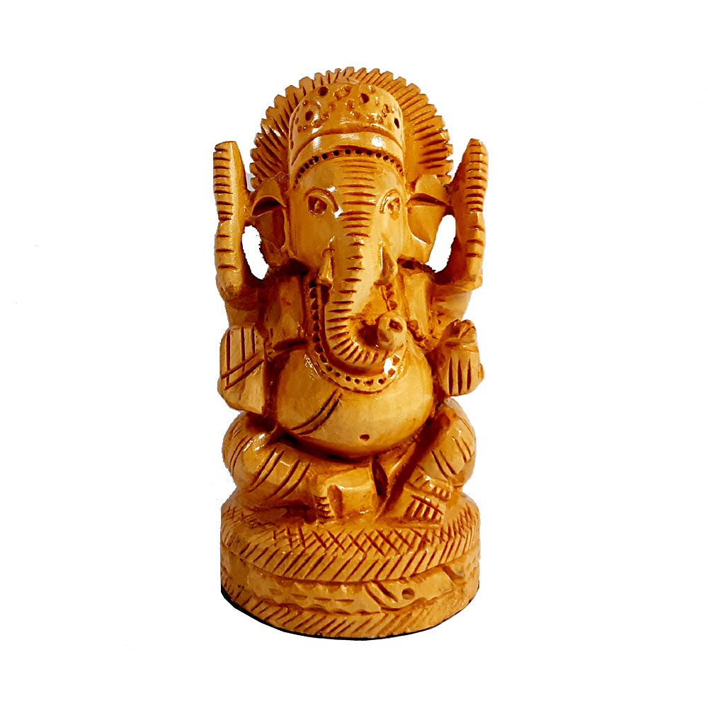 Wooden Carved Round Ganesh Idol