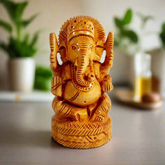 Wooden Carved Round Ganesh Idol