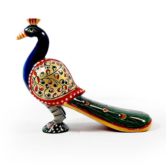 Hand Painted Wooden Long Tail Peacock Statue