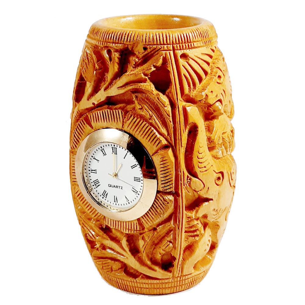 Wood Carving Table Clock & Pen Holder