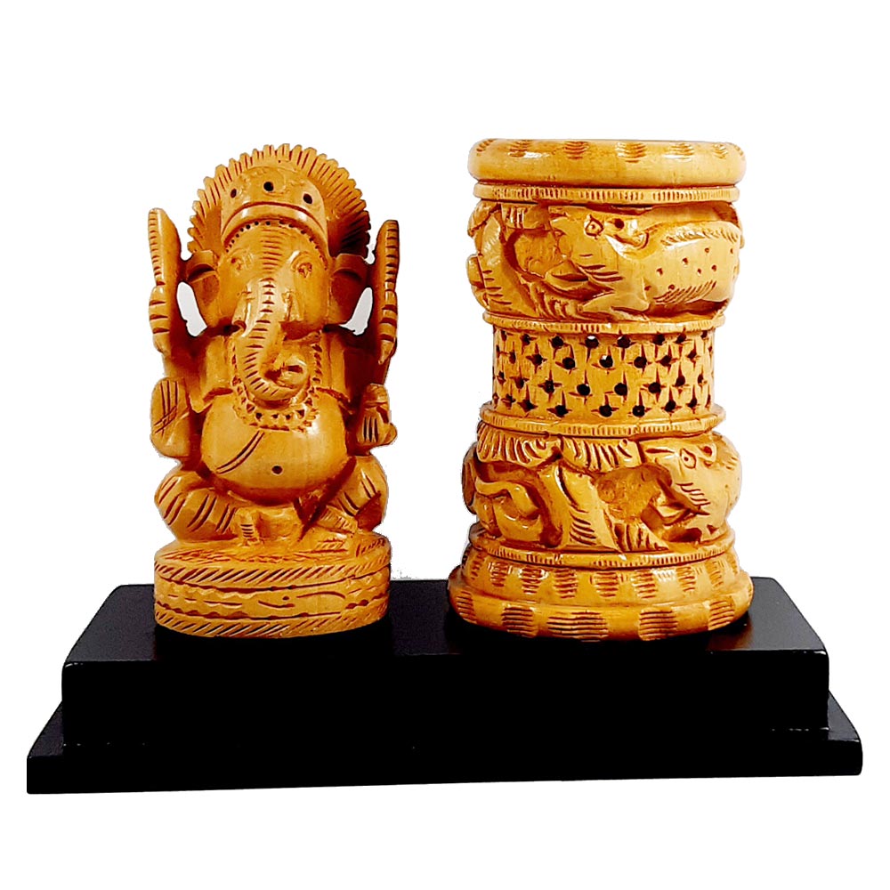 Wooden Pen Holder with Ganesh Idol