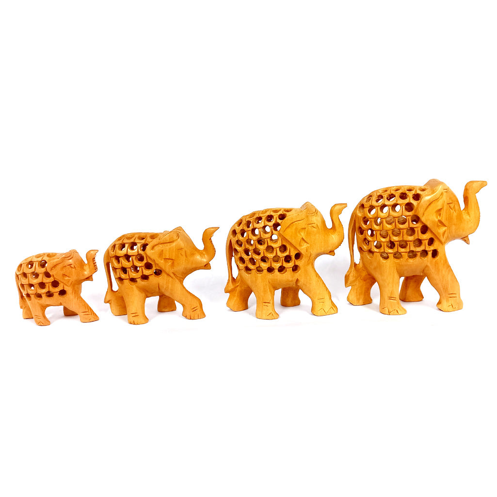 Set of 4 Wooden Undercut Family Elephant Idol