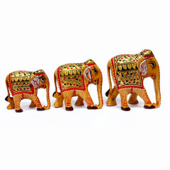 Wooden Hand Painted Family Elephant Statue