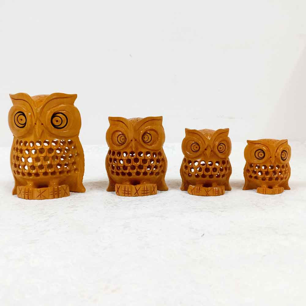 Set of 4 Wooden undercut owl statue