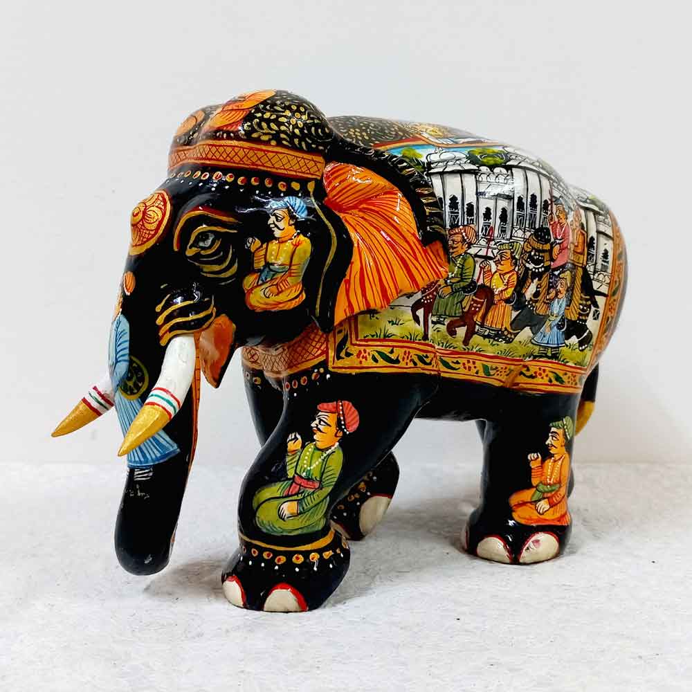 Mughal Miniature Hand Painted Wooden Elephant Idol
