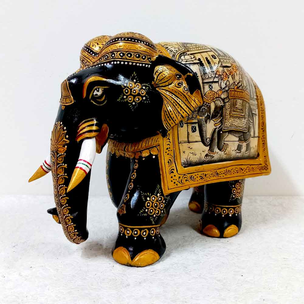 Wooden Elephant Statue with Miniature Painting