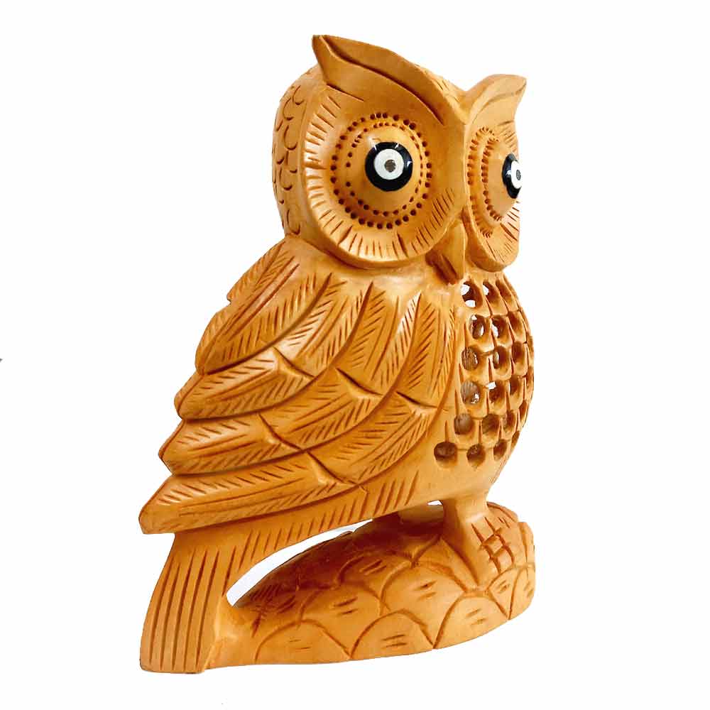 Wood Carved Owl Statue for Home Decor