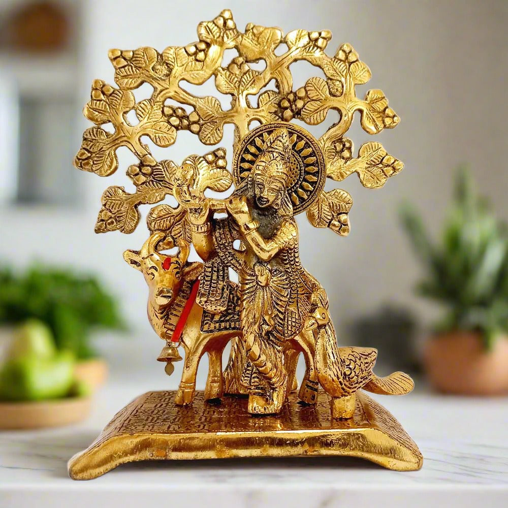 Krishna Statue with Cow & Peacock