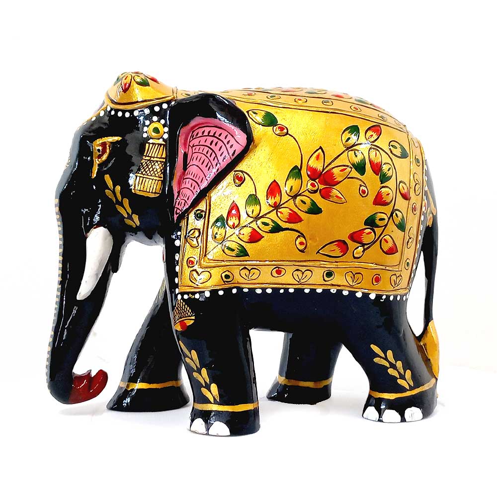 Wooden Elephant with Black and Gold Painting