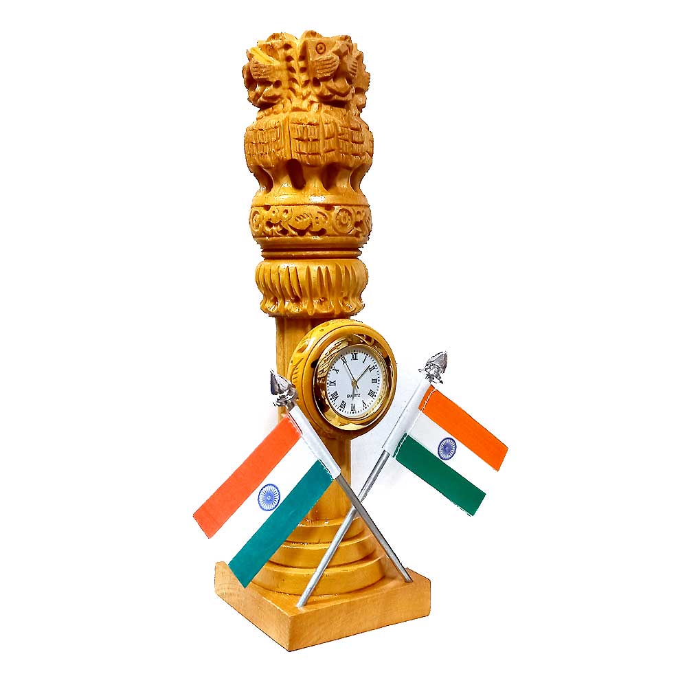 Wooden Ashok Pillar with Clock & 2 National Flag