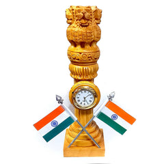 Wooden Ashok Pillar with Clock & 2 National Flag