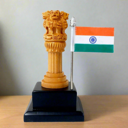 wood carving ashok stambh with flag