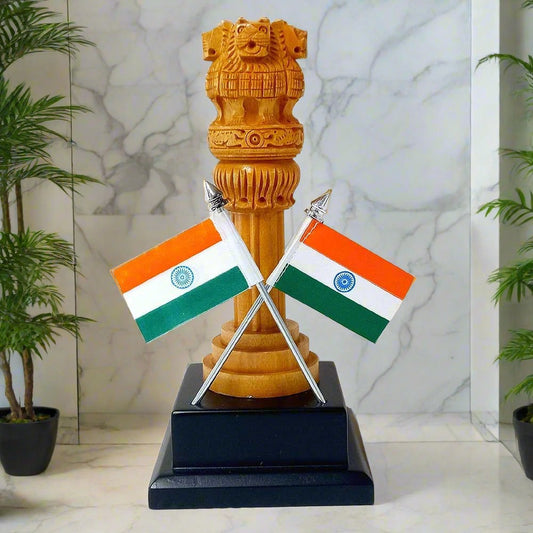 Wooden Ashok Stambh with 2 Flag