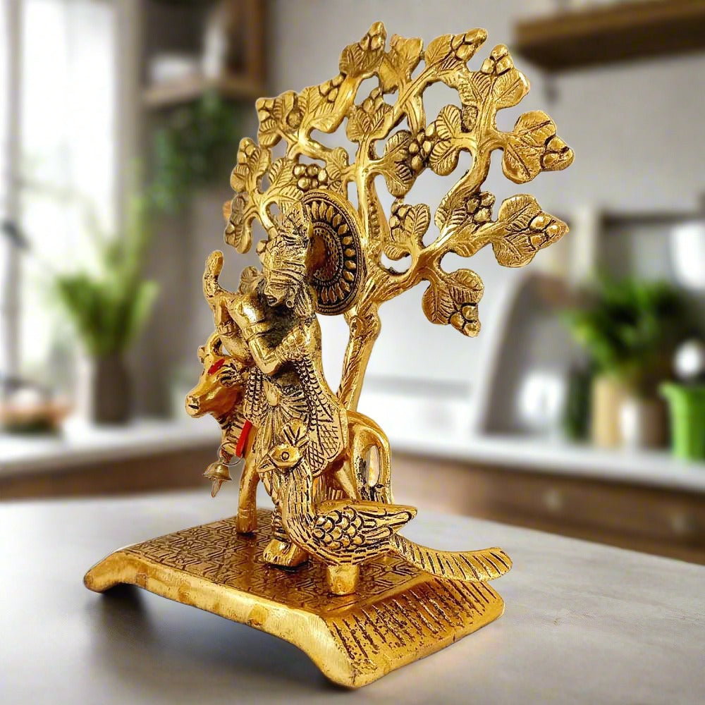Premium golden polish Krishna showpiece (20x15x9cm) – Janmashtami gift with tree design.