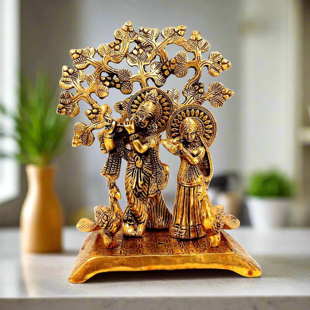 Exquisite metal Radha Krishna standing statue (15x9cm) – perfect pooja room & wedding gift decor.