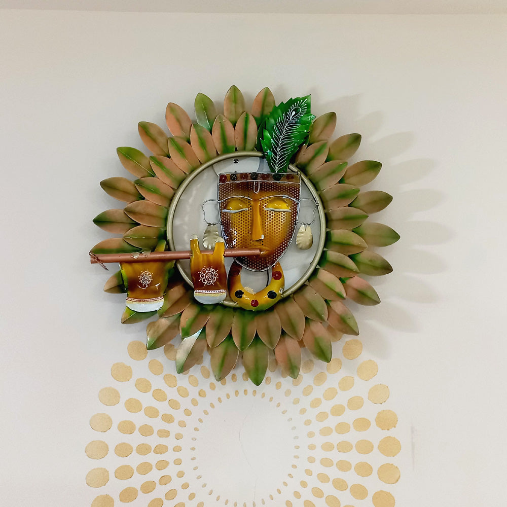 A 38cm x 38cm Krishna metal wall hanging showpiece, with a beautiful design that is pleasing to the mind.