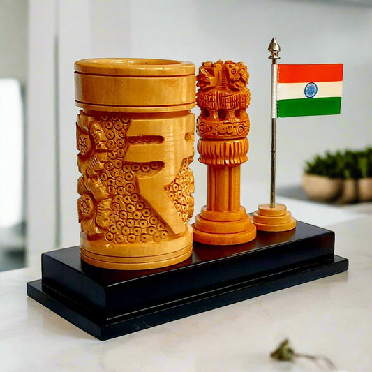 Wooden Rupee Pen Holder with Ashok Stambh