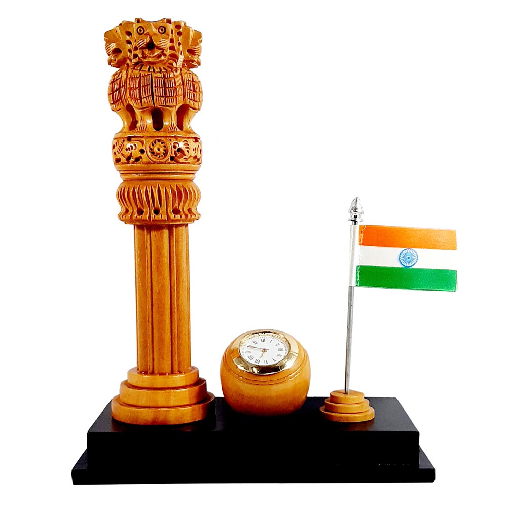 Wood Carving Ashoka Pillar with Clock - kkgiftstore