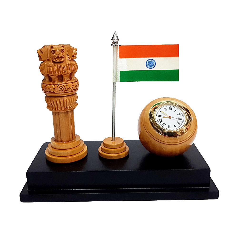 Table Clock with Ashoka Pillar & National Flag - kkgiftstore