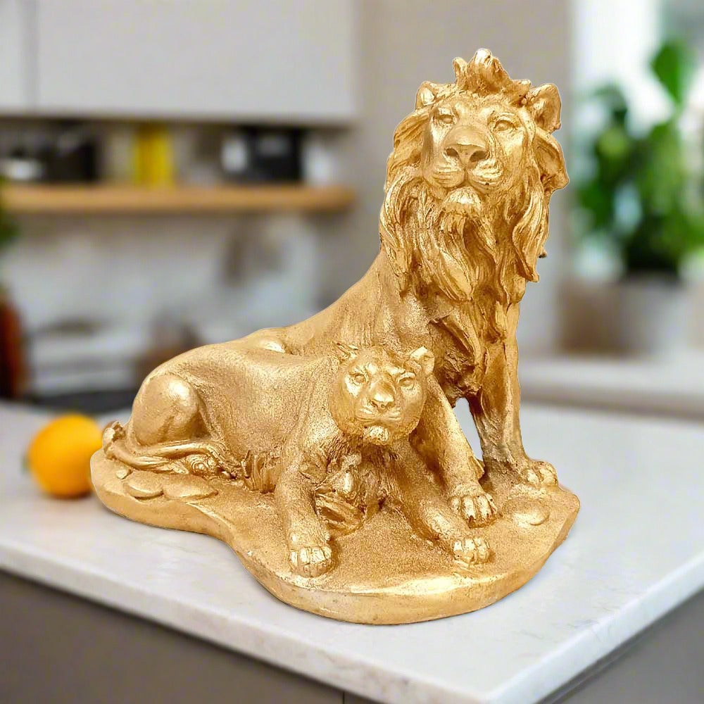 Front view gold painted lion tiger resin idol for home office gifting 20cm length