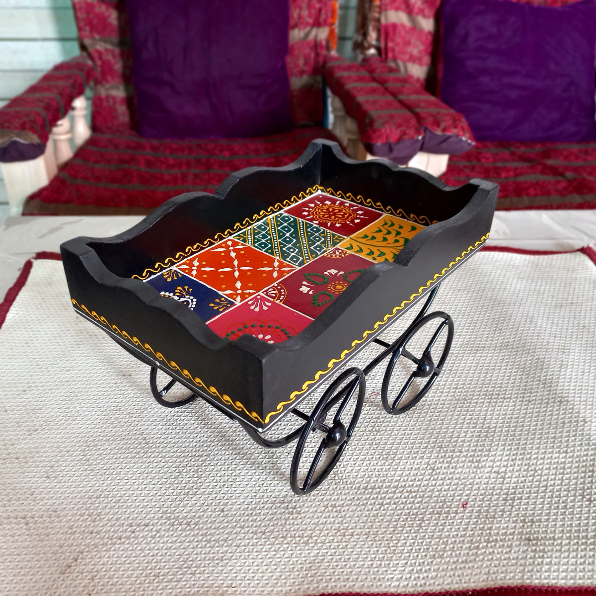 Wooden Hand Painted Cart Serving Tray - kkgiftstore