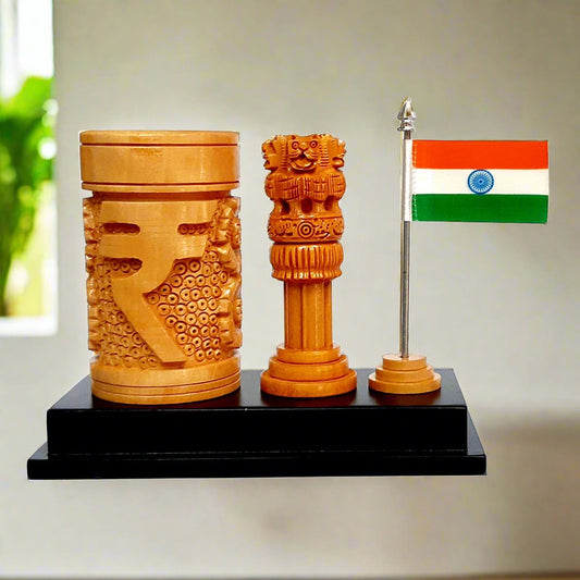 Wooden Ashoka Pillar with Carved Rupee Pen Stand & Indian Flag - kkgiftstore