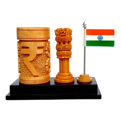 Wooden Ashoka Pillar with Carved Rupee Pen Stand & Indian Flag - kkgiftstore