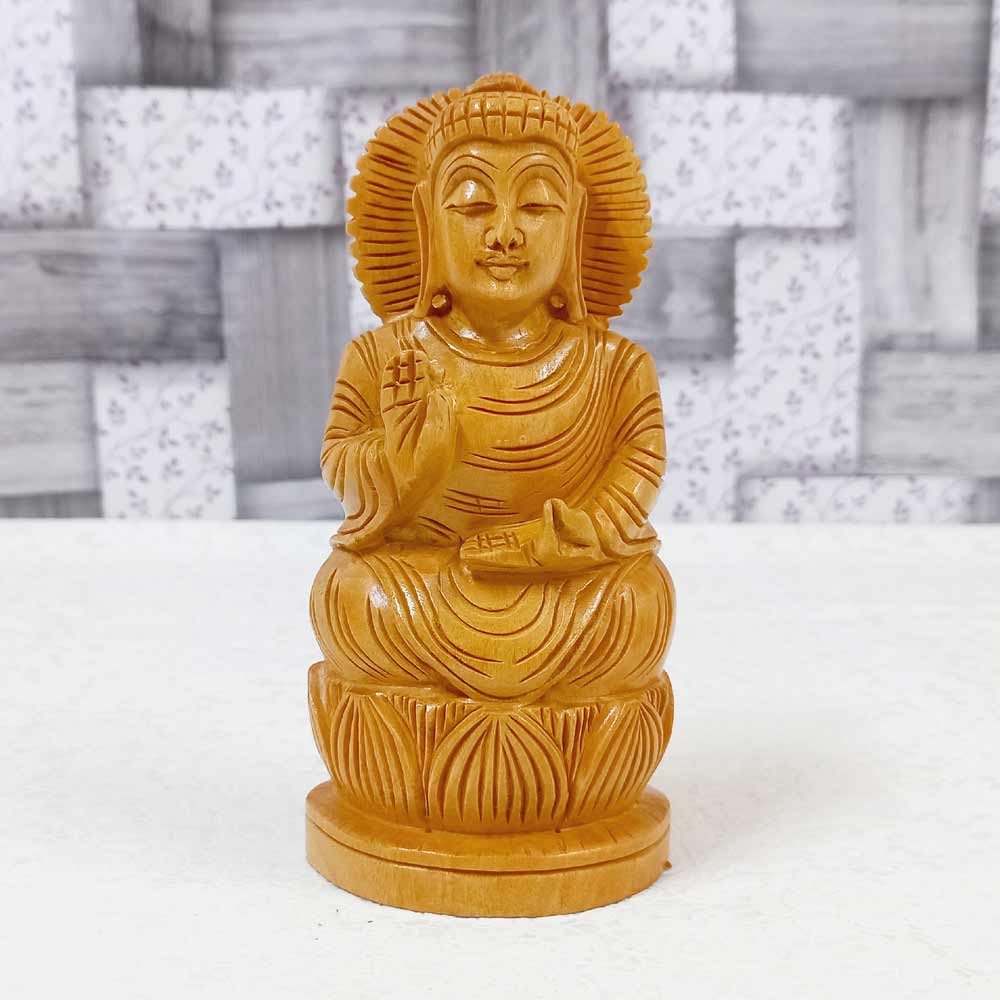 Wood Carving Round Buddha Idol-kkgiftstore