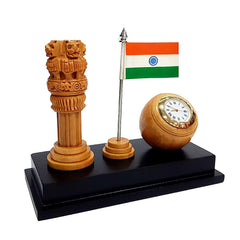 Table Clock with Ashoka Pillar & National Flag - kkgiftstore