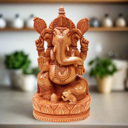 Wood Carving Lotus Ganesh Idol