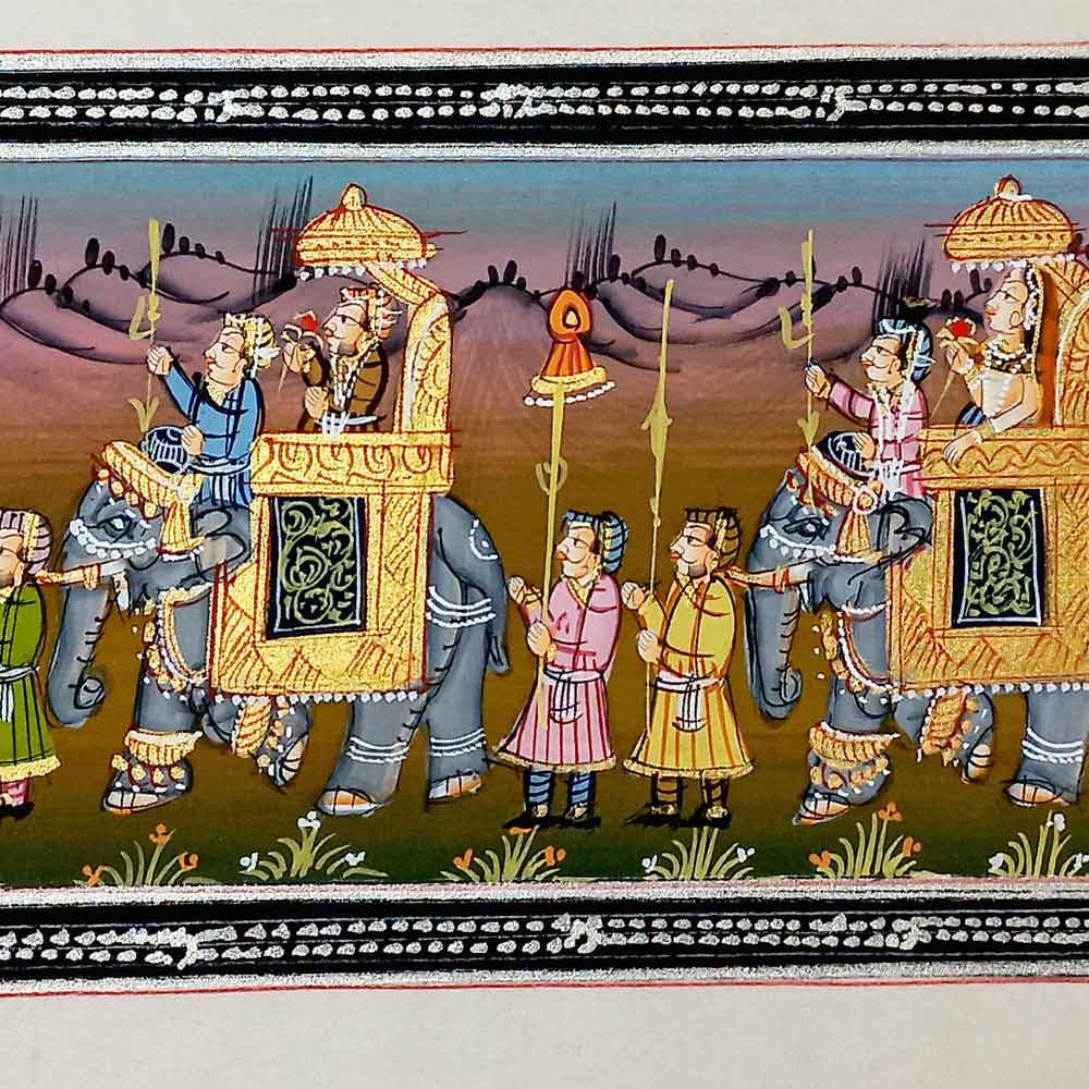 Close-up fine detail of king queen riding Ambabari elephants with soldiers in silk painting