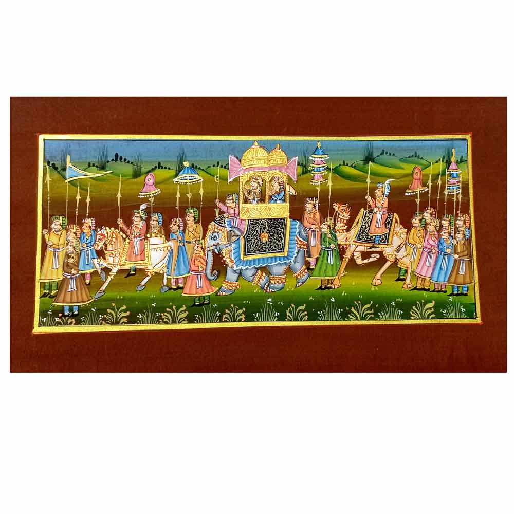 Front view Rajasthani Ambabari elephant camel horse soldiers silk miniature painting