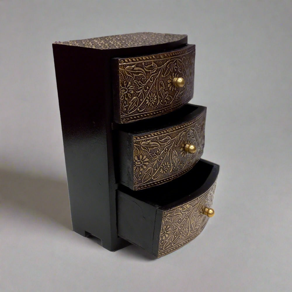 Antique metal floral design wooden drawer box with three layers, perfect for storing jewelry and enhancing home decor.

