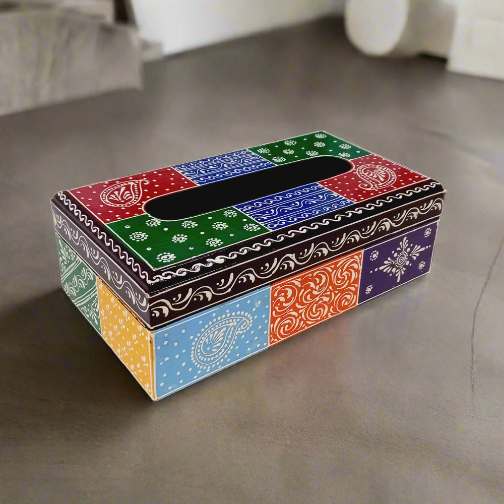 Artisan-crafted wooden tissue box with beautiful colorful hand art, enhancing any interior space.

