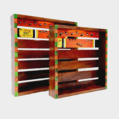 Artisan-crafted pair of wooden trays decorated with colorful handmade paintings, combining utility with elegance.
