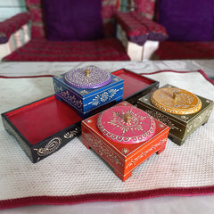 Artistic wooden dry fruit box and tray set with handcrafted details and steel bowls, ideal for gifting and home decor.