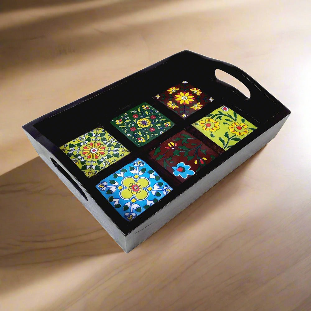 Artistic wooden serving tray adorned with colorful ceramic tile designs, crafted by master artisans.

