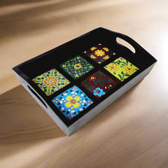 Artistic wooden serving tray adorned with colorful ceramic tile designs, crafted by master artisans.

