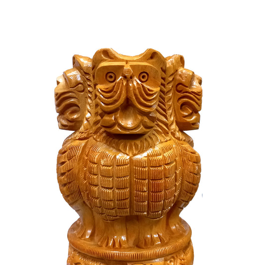 Wooden Ashok Stambh handcrafted from single wood with national emblem.